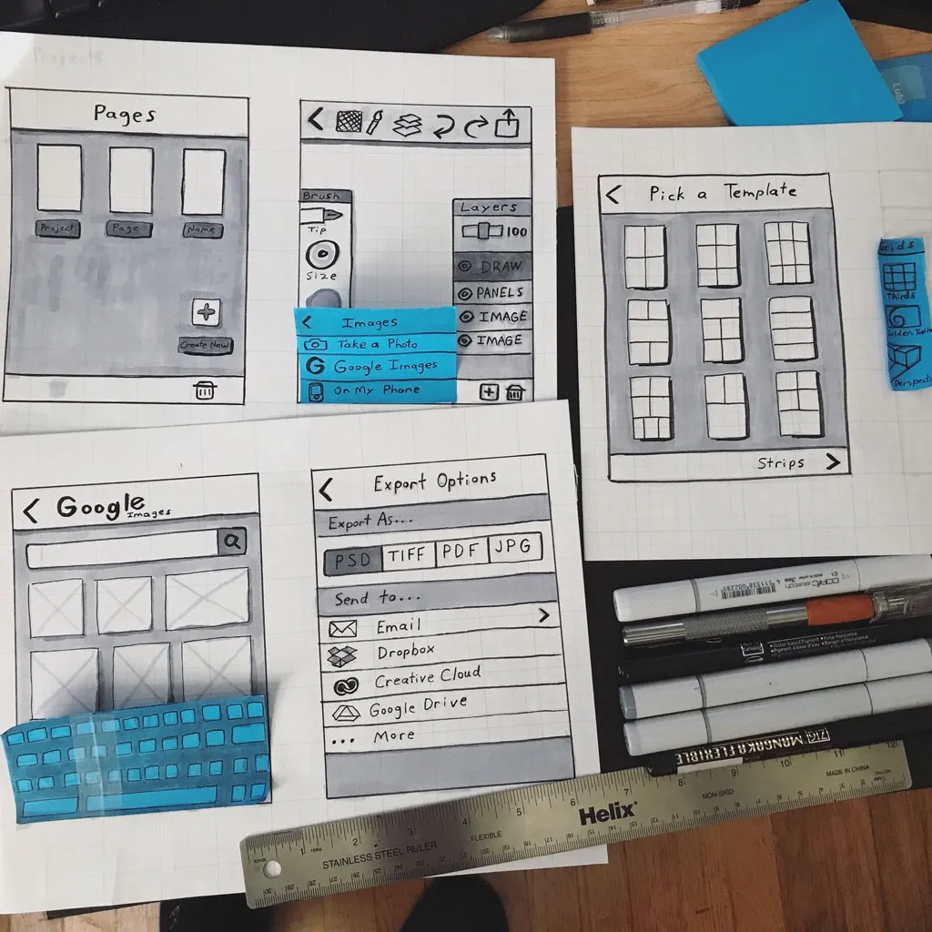 Wireframes were created using Copic Markers, ink pens, graph paper and Post-It notes.