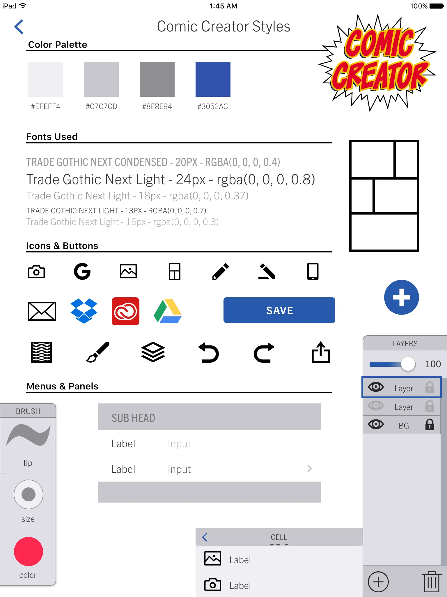 The Comic Creator UI uses a subtle color scheme and Trade Gothic Next.