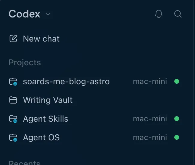 Codex Desktop sidebar showing remote projects on mac-mini