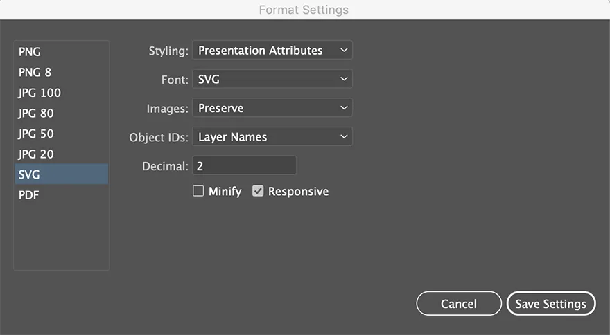 SVG export settings