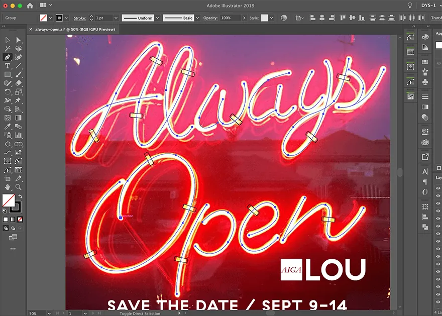 pen tool tracing neon sign