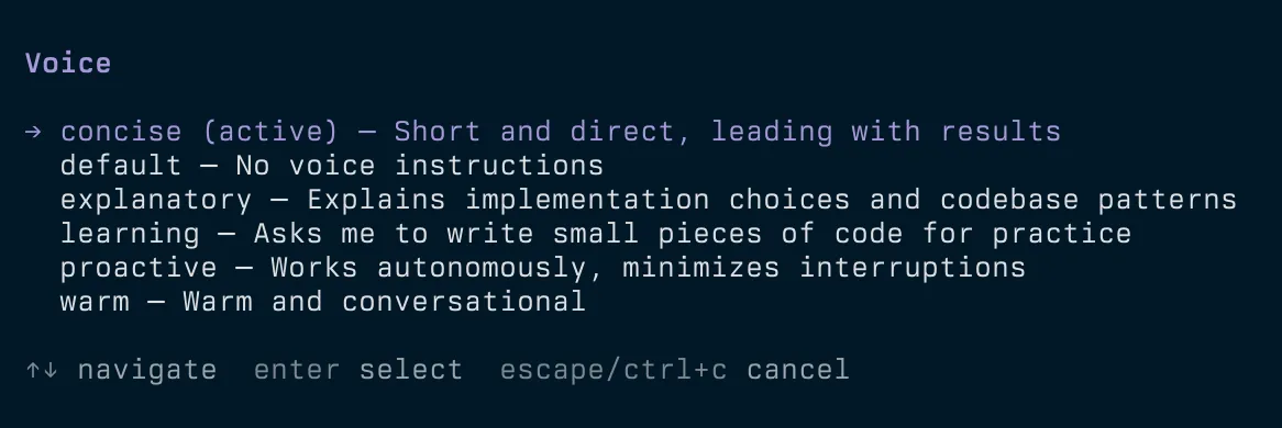 Pi voice picker showing the available output styles