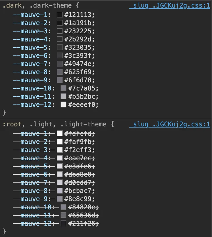 radix colors custom properties in browser dev tools